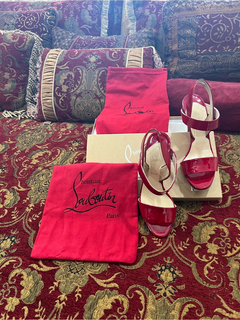 Christian Louboutin Glossy Red Patent Leather Slingback Heels
